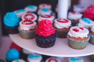 Çok renkli Ziyafet şeker çubuğu tatlı tablo ile çocukların doğum günü partisi ile çocuk farklı tatlı ile catering dekore edilmiş