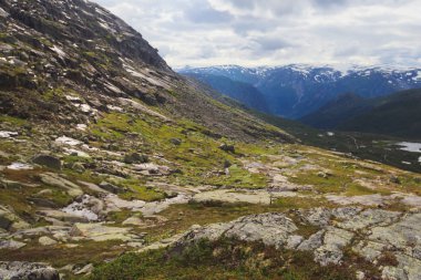 Klasik Norveç İskandinav yaz dağ manzarası görüntülemek dağlar, fiyort, mavi gökyüzü, Norveç, Lofoten Adaları ile göl