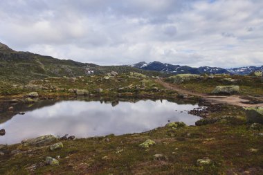 Klasik Norveç İskandinav yaz dağ manzarası görüntülemek dağlar, fiyort, mavi gökyüzü, Norveç, Lofoten Adaları ile göl