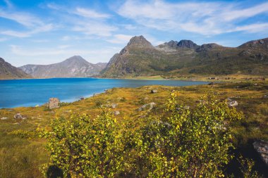 Klasik Norveç İskandinav yaz dağ manzarası görüntülemek dağlar, fiyort, mavi gökyüzü, Norveç, Lofoten Adaları ile göl