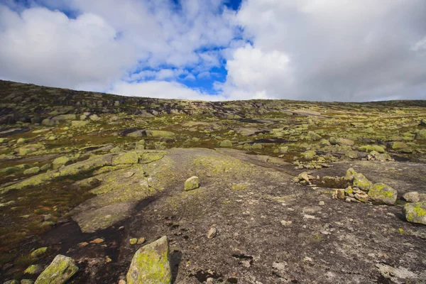 Zobacz klasyczne norweski scandinavian lato krajobraz górski z góry, fiord, jezioro z Lofotów błękitne niebo, Norwegia, — Zdjęcie stockowe