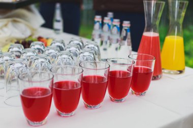 Güzel dekore edilmiş yemek sofrası farklı yemek ve aperatiflerle kurumsal noel partisi ya da düğün kutlaması için.