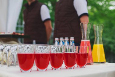 Güzel dekore edilmiş yemek sofrası farklı yemek ve aperatiflerle kurumsal noel partisi ya da düğün kutlaması için.