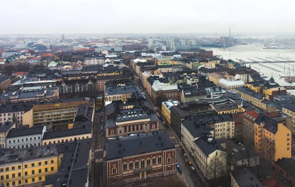 Beautiful super wide-angle summer aerial view of Helsinki capital, Finland with skyline and scenery beyond the city and harbour, seen from the quadrocopter air drone — Stock Photo, Image