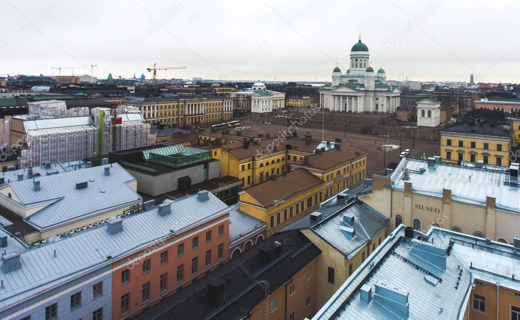 Beautiful super wide-angle summer aerial view of Helsinki capital, Finland with skyline and scenery beyond the city and harbour, seen from the quadrocopter air drone