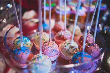 Güzel dekore edilmiş yemek sofrası farklı yemek ve aperatiflerle kurumsal noel partisi ya da düğün kutlaması için.