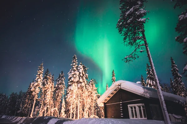 Krásný obraz obrovské pestrobarevné zelené pulzující Aurora Borealis, Aurora Polaris, označovány také jako polární záře na noční obloze nad zimní krajině Laponska, Norsko, Skandinávie — Stock fotografie