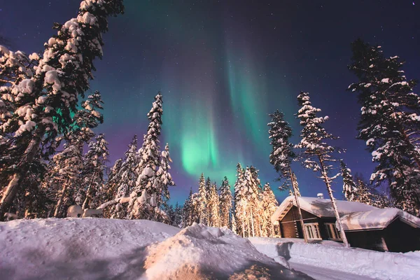 Красивая картина массивных разноцветных зеленых ярких Aurora Borealis, Aurora Polaris, также известный как Северное сияние в ночном небе над зимним пейзажем Лапландии, Норвегия, Скандинавия — стоковое фото