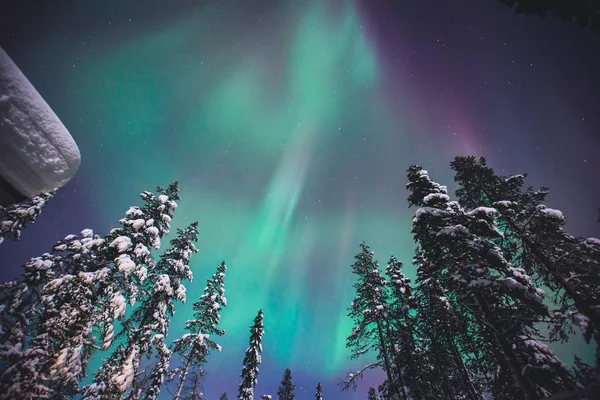 Piękny obraz ogromnej wielokolorowe zielony żywy Aurora Borealis, Aurora Polaris, znany również jako Zorza polarna na nocnym niebie nad zimowych Laponia krajobraz, Norwegia, Skandynawia — Zdjęcie stockowe