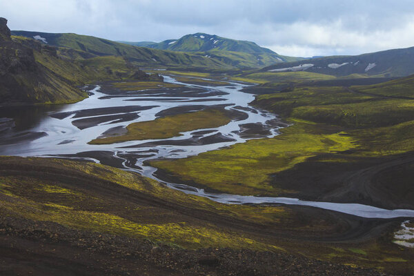 Famous icelandic popular tourist destination and hiking hub in Iceland's highlands Landmannalaugar colorful mountains landscape view, South Iceland