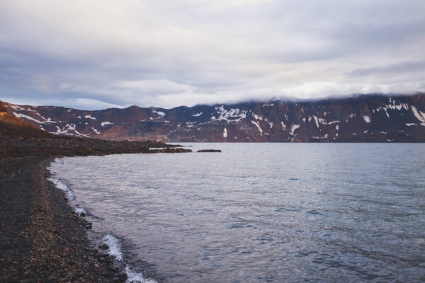 View of icelandic giant volcano Askja with two crater lakes, Iceland