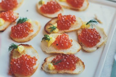 Güzel dekore edilmiş yemek sofrası farklı yemek ve aperatiflerle kurumsal noel partisi ya da düğün kutlaması için.  