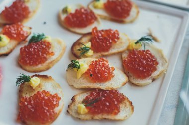 Güzel dekore edilmiş yemek sofrası farklı yemek ve aperatiflerle kurumsal noel partisi ya da düğün kutlaması için.  