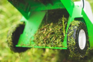 Çim biçme, çim, çim biçme kesme çim Bahçe aletleri ve çevresinde yeşil çim biçme kavramı bir süreci