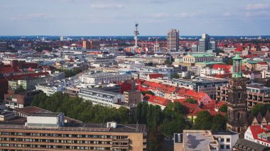 Beautiful super wide-angle summer aerial view of Hannover, Germany, Lower Saxony, seen from observation deck of New Town Hall, Hanover clipart