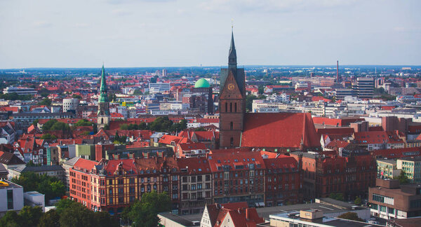 Beautiful super wide-angle summer aerial view of Hannover, Germany, Lower Saxony, seen from observation deck of New Town Hall, Hanover