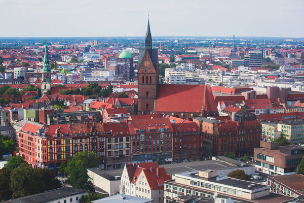 Beautiful super wide-angle summer aerial view of Hannover, Germany, Lower Saxony, seen from observation deck of New Town Hall, Hanover