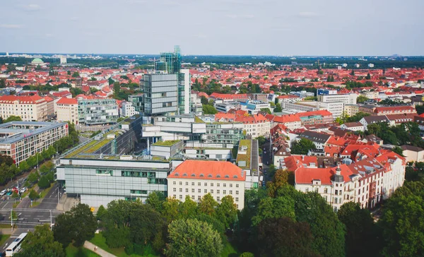 Beautiful super wide-angle summer aerial view of Hannover, Germany, Lower Saxony, seen from observation deck of New Town Hall, Hanover — Stock Photo, Image