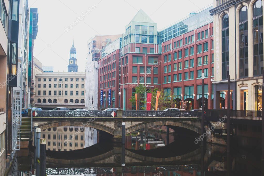 View of Hamburg historical center downtown with Alster Lake and Town Hall, Germany