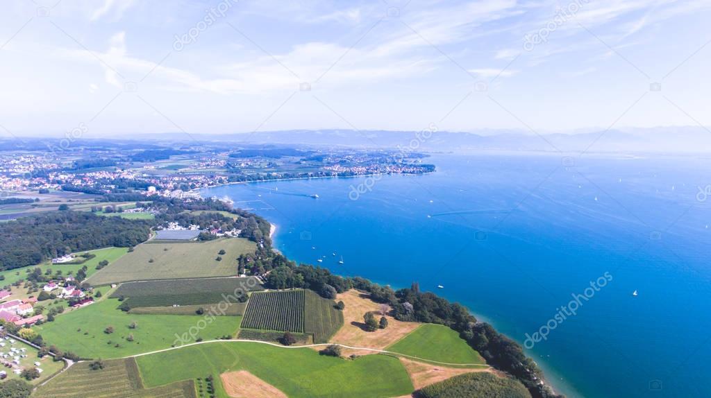 Aerial view of Bodensee, a lake in Germany, Austria and Switzerland, shot from drone