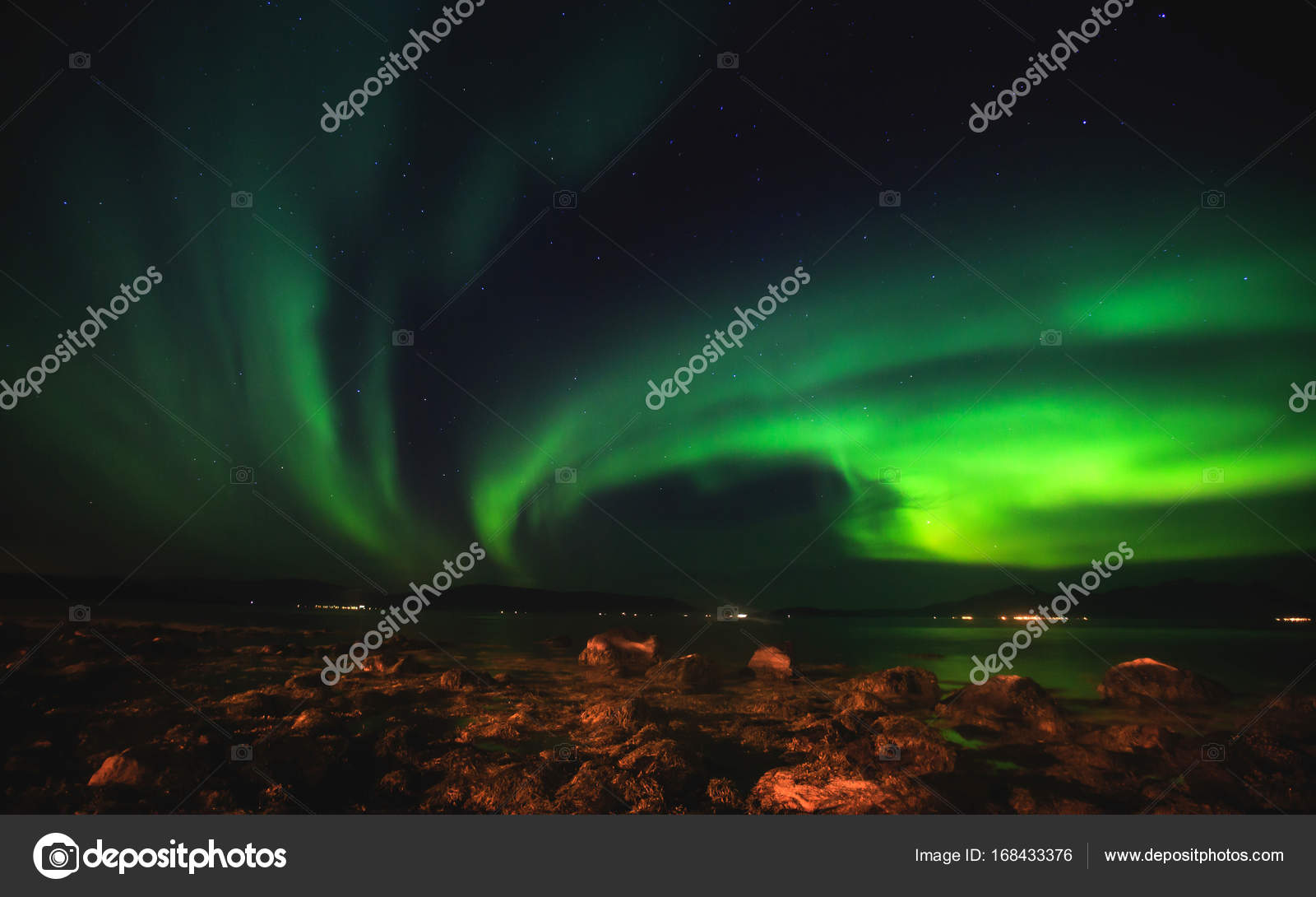 Beautiful Picture Of Massive Multicolored Green Vibrant Aurora Borealis Aurora Polaris Also Know As Northern Lights In The Night Sky Over Norway Scandinavia Stock Photo C Tsuguliev