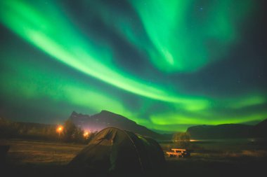 Büyük renkli yeşil güzel resim canlı Aurora Borealis, Aurora Polaris, Ayrıca biliyorum Kuzey ışıkları gece gökyüzünde olarak Norveç, Scandinavia 