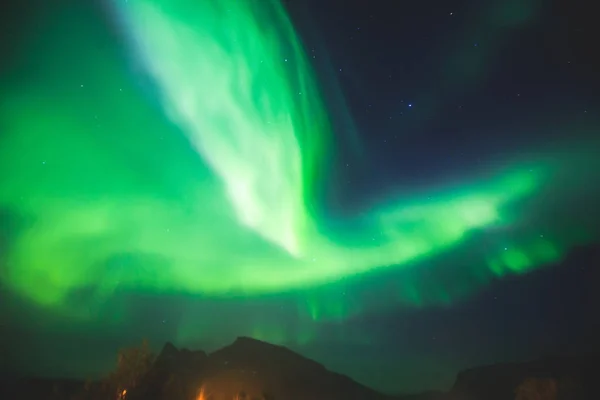 美丽的图画的大规模五彩绿色充满活力的北极光，极光，也知道作为北极光在夜空中在挪威，斯堪的那维亚 — 图库照片
