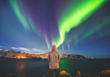 Beautiful picture of massive multicolored green vibrant Aurora Borealis, Aurora Polaris, also know as Northern Lights in the night sky over Norway, Lofoten Island clipart