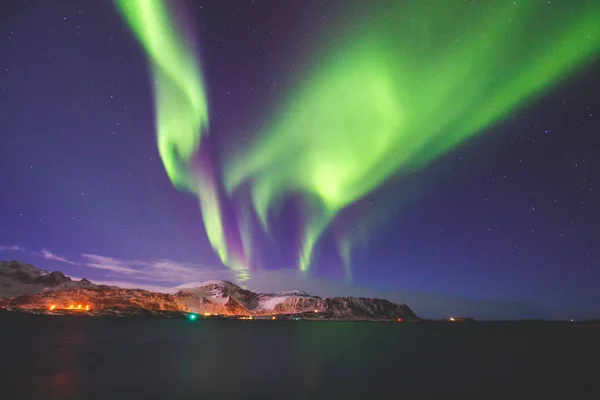 大規模な色とりどりの緑の美しい画像鮮やかなオーロラは オーロラ ポラリスも知っている夜空のオーロラとしてノルウェー ロフォーテン諸島の島 — ストック写真