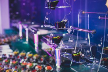 Güzel dekore edilmiş yemek masası farklı atıştırmalıklar ve aperatiflerle kurumsal noel partisi, düğün kutlaması, farklı vejetaryen aperatifler. 