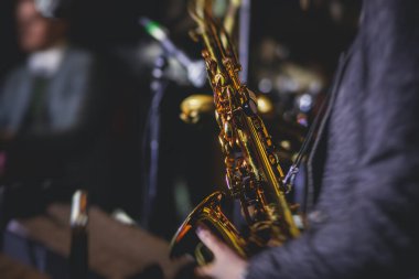 Caz grubu sırasında vokalist ve müzikal olan profesyonel saksafoncu bir kadının konser görüntüsü.