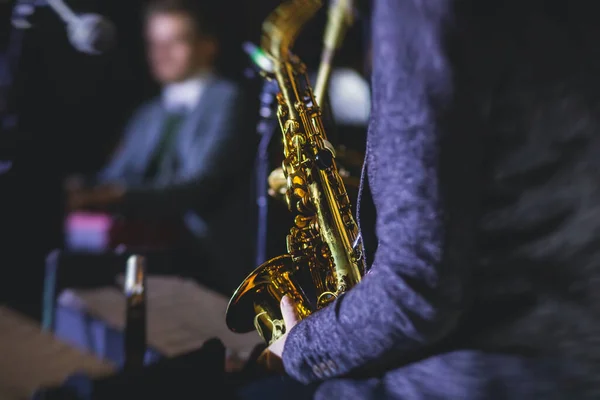 Konzertbild Einer Saxofonistin Professionellen Saxophonistin Mit Sängerin Und Musical Während — Stockfoto