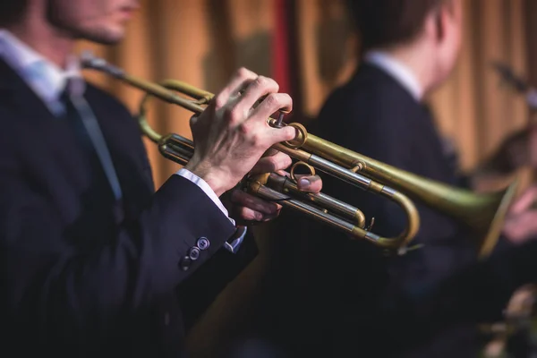 Concert View Male Trumpeter Professional Trumpet Player Vocalist Musical Jazz — Stock Photo, Image