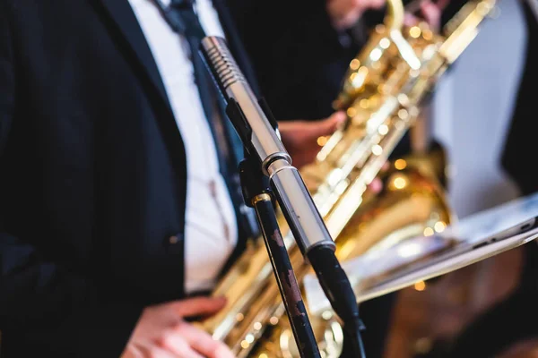 Vista Concerto Saxofonista Saxofonista Com Vocalista Musical Durante Orquestra Jazz — Fotografia de Stock