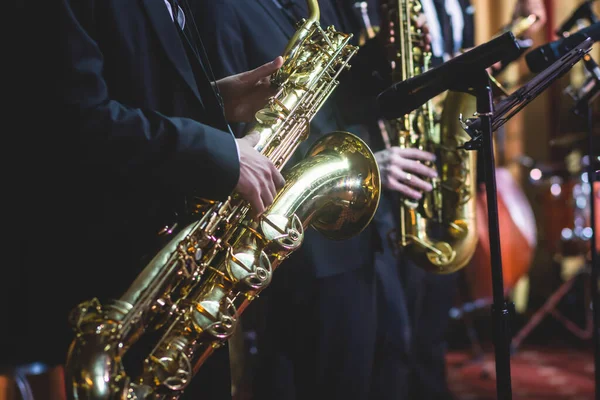 Vue Concert Saxophoniste Saxophoniste Avec Chanteur Musicien Pendant Orchestre Jazz — Photo