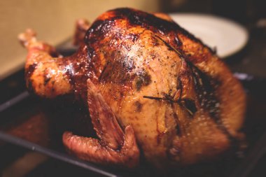 Şükran Günü veya Noel masası için soslu ev yapımı hindi pişirilmiş şenlikli kutlama yemeği.