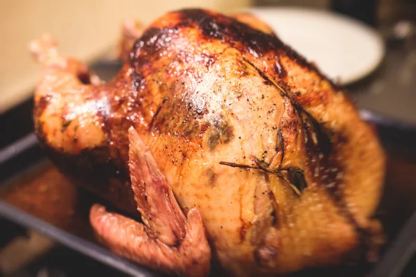 Festliche Feier Gebackenen Gebratenen Hausgemachten Truthahn Mit Soße Für Thanksgiving — Stockfoto