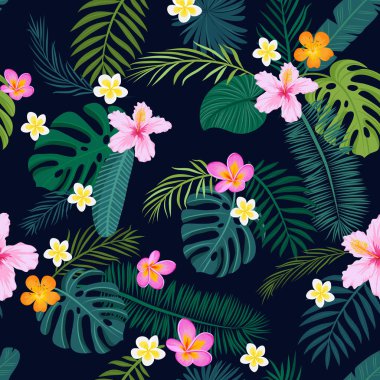 Palmiye yaprakları ve çiçekleri ile tropikal seamless modeli