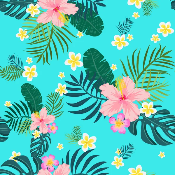 Patrón tropical sin costuras con hojas de palma y flores — Vector de stock