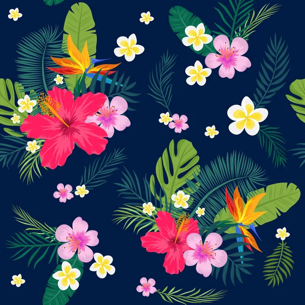 Tropical seamless pattern with palm leaves and flowers — Stock Vector