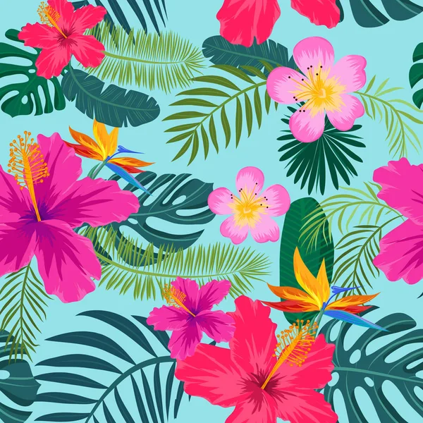 Patrón tropical sin costuras con hojas de palma y flores — Vector de stock