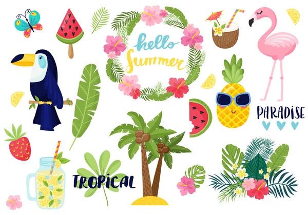 Una tarjeta tropical con hojas de palma y flores exóticas . — Vector de stock