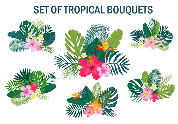 Тропический бесшовный узор с пальмовыми листьями и цветами — стоковый вектор