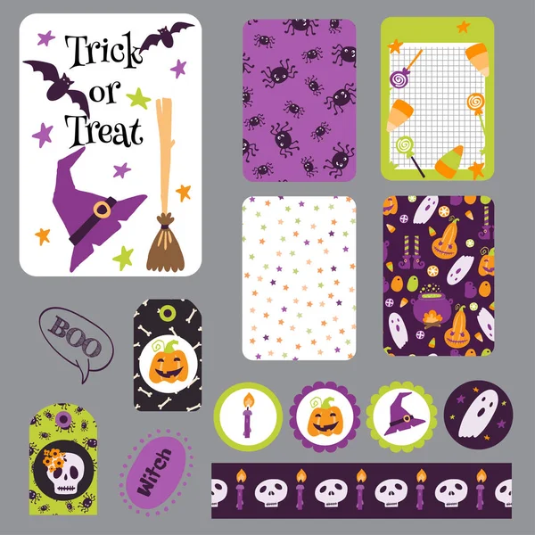 Yazdırılabilir Cadılar Bayramı kartları ayarlayın. Vektör çizim