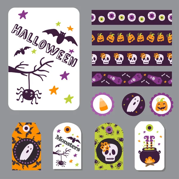 Conjunto de tarjetas imprimibles Halloween. Ilustración vectorial — Vector de stock