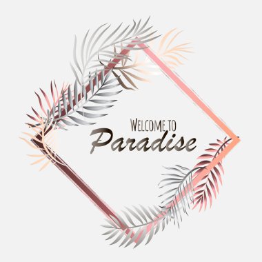 Palmiye yaprakları ve egzotik çiçekler ile tropikal bir kart... Vektör