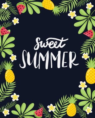 Palmiye yaprakları ve egzotik çiçekler ile tropikal bir kart... Vektör