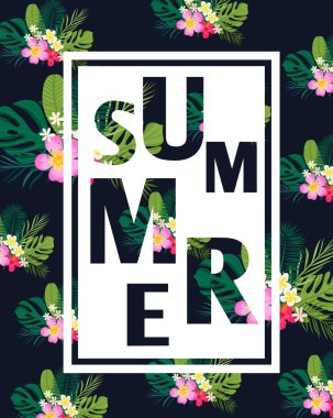 Palmiye yaprakları ve egzotik çiçekler ile tropikal bir kart... Vektör