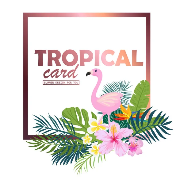 Um cartão tropical com folhas de palma, flamingo e flores exóticas.. Vetor — Vetor de Stock