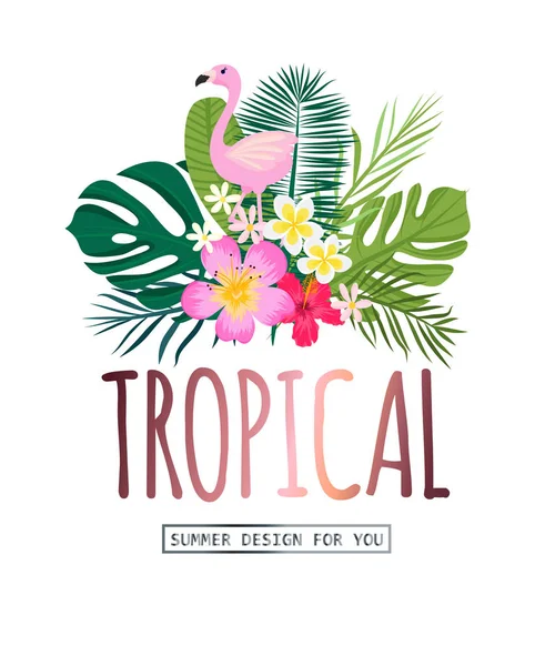 Una carta tropicale con foglie di palma e fiori esotici.. Vettore — Vettoriale Stock